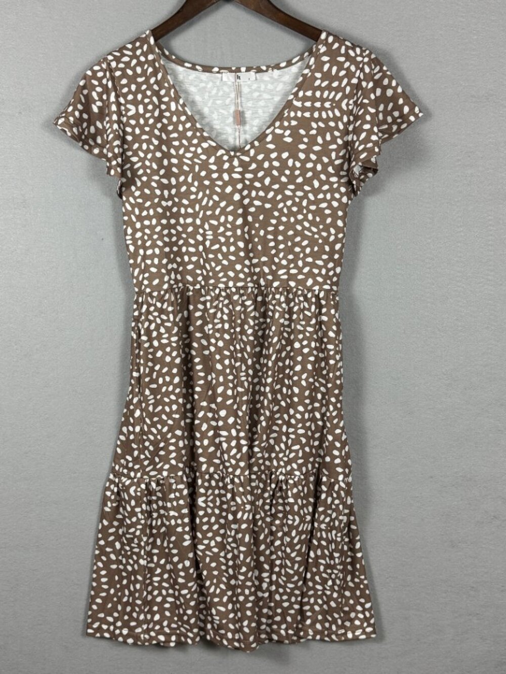 Hotouch Women’s Tiered Dress Size S Brown White Print V Neck Short Sleeve NWT  I